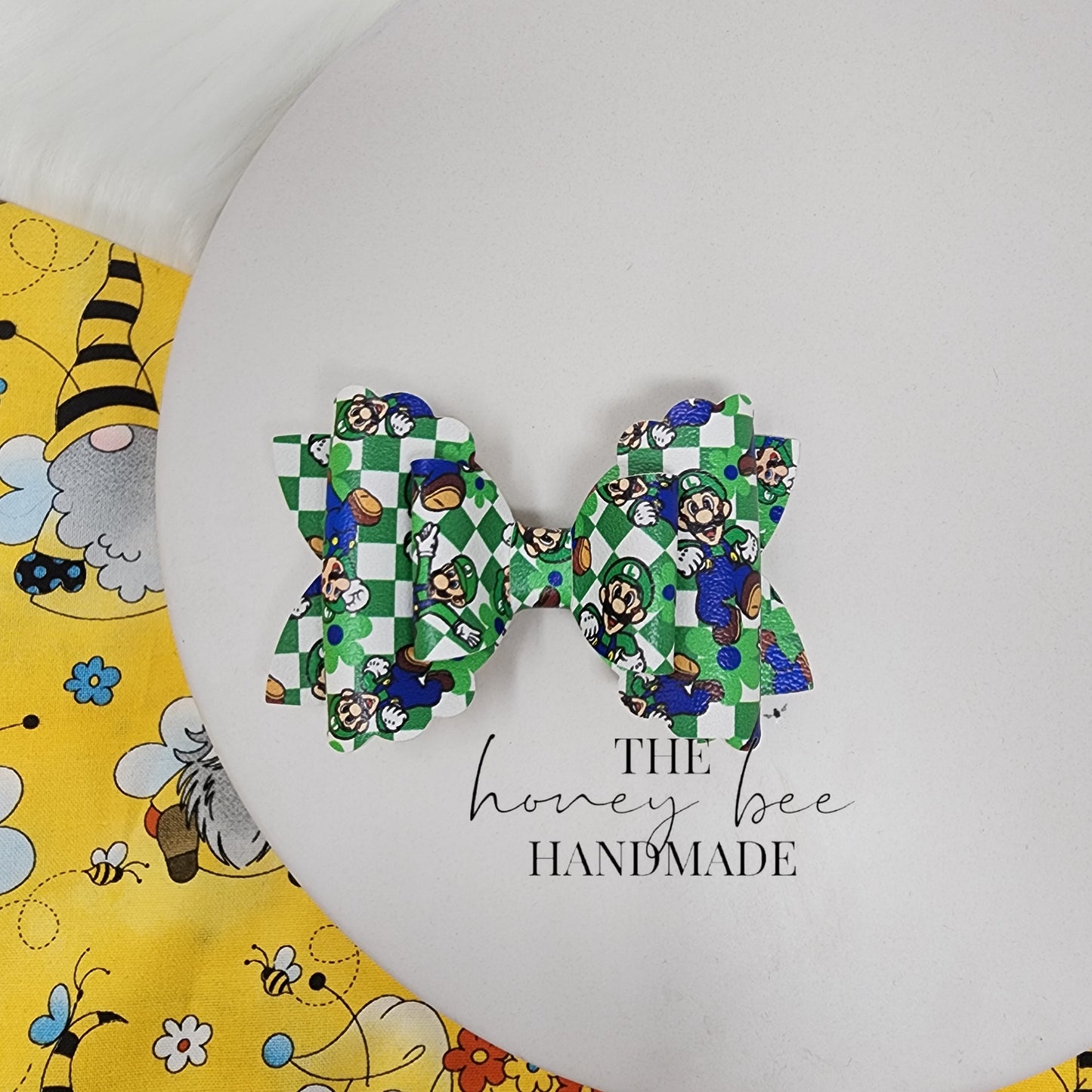 4in Green Floral Plumber Faux Leather Hairbow