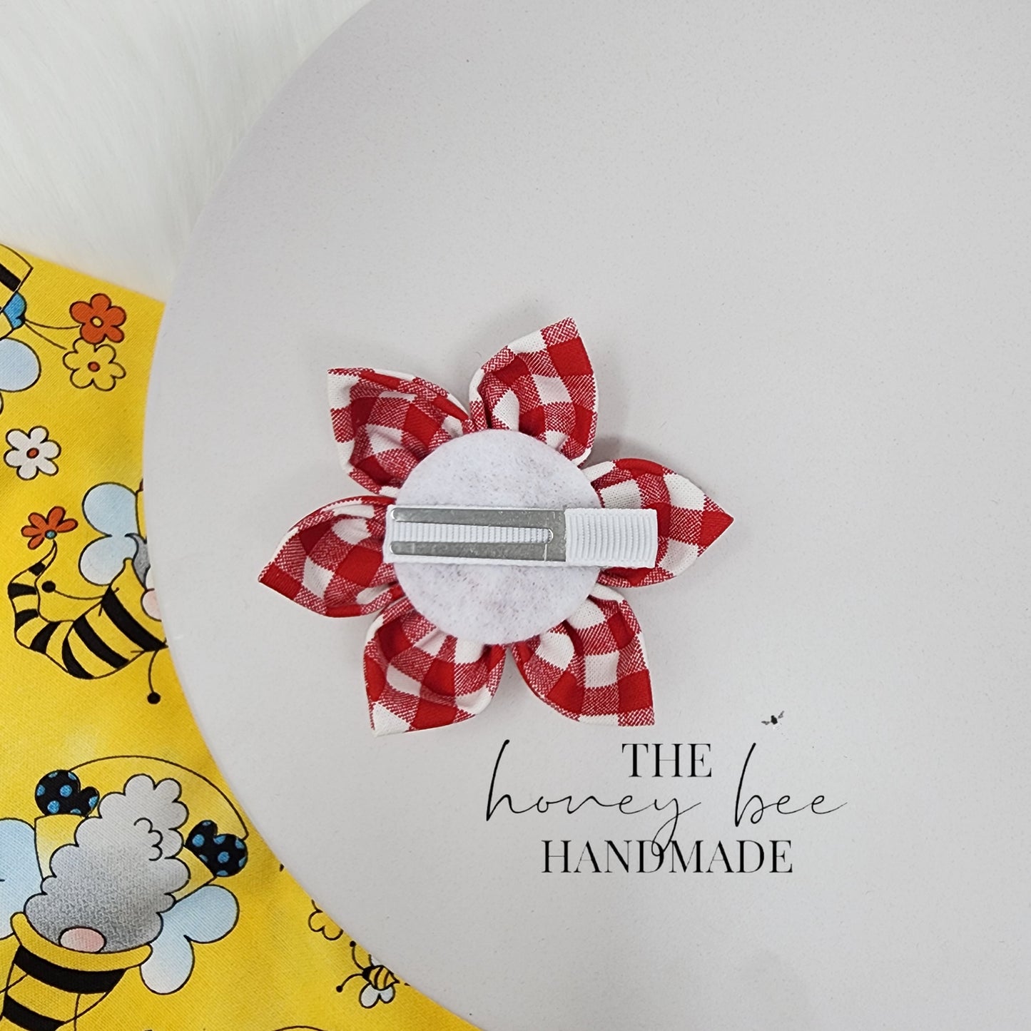 Picnic Red Plaid Fabric Flower Hair Clip