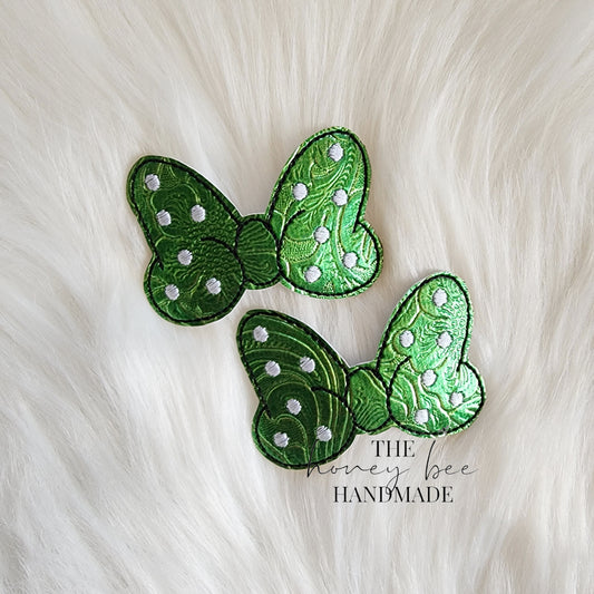 Dk Green Textured Mouse Bow Snap Clip Set