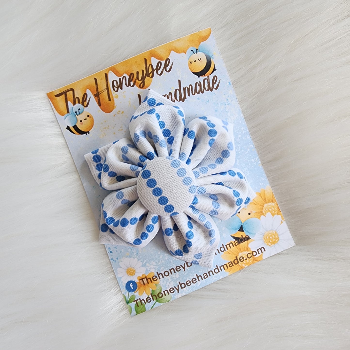White with Blue Dots Flower Hair Clip