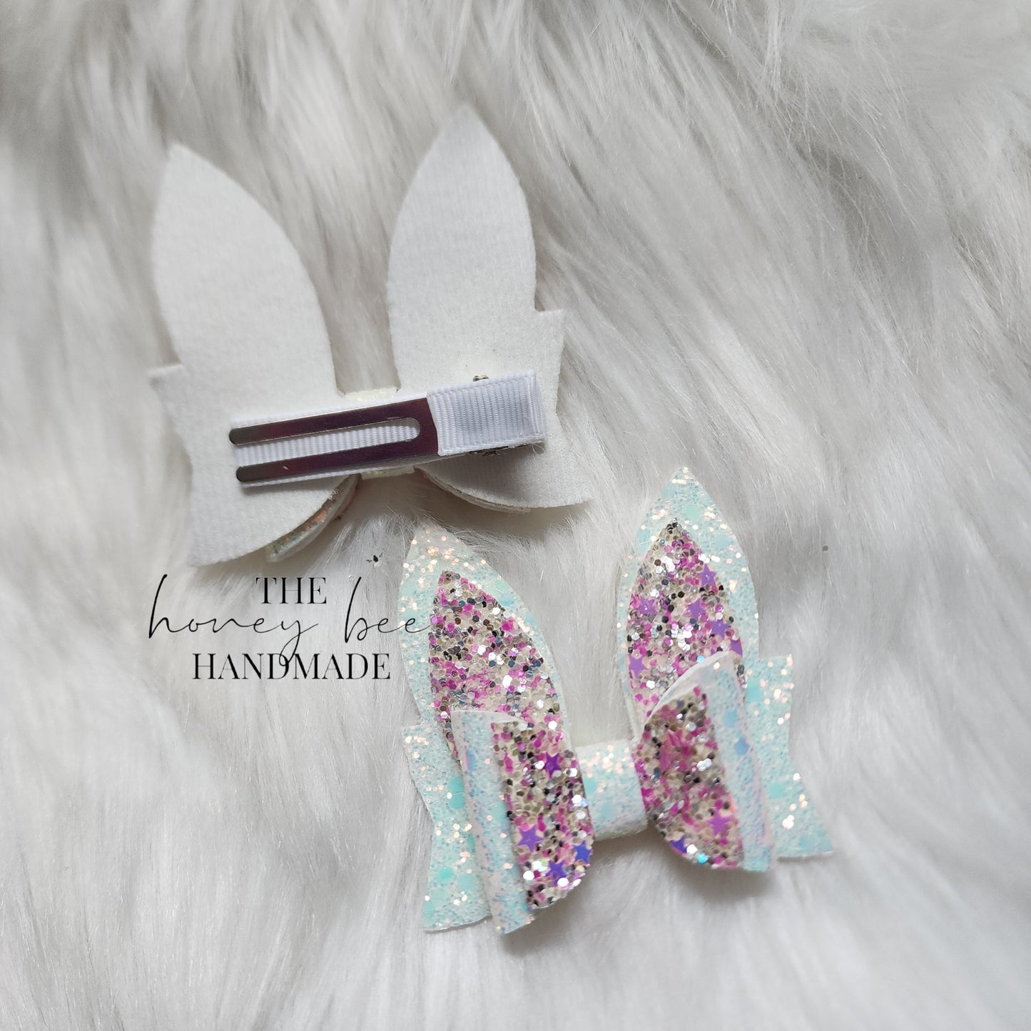 2.5in White and Pink Glitter Bunny Ears Piggy Set