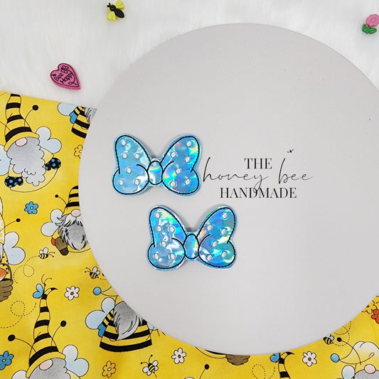 Blue Holographic Mouse Bow Snap Clip Set