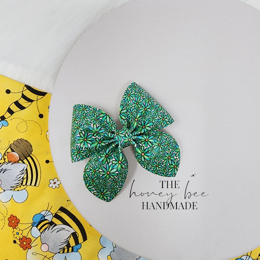 3in Green Floral Sailor Faux Leather Hair Bow