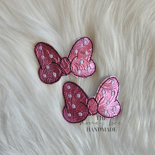 Dk Pink Textured Mouse Bow Snap Clip Set