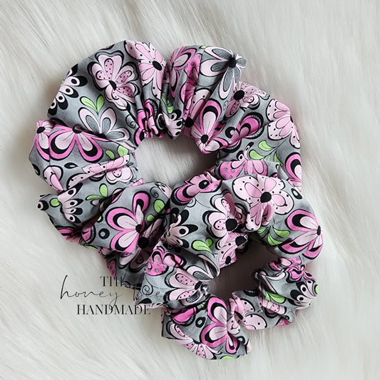 Grey Floral Scrunchie