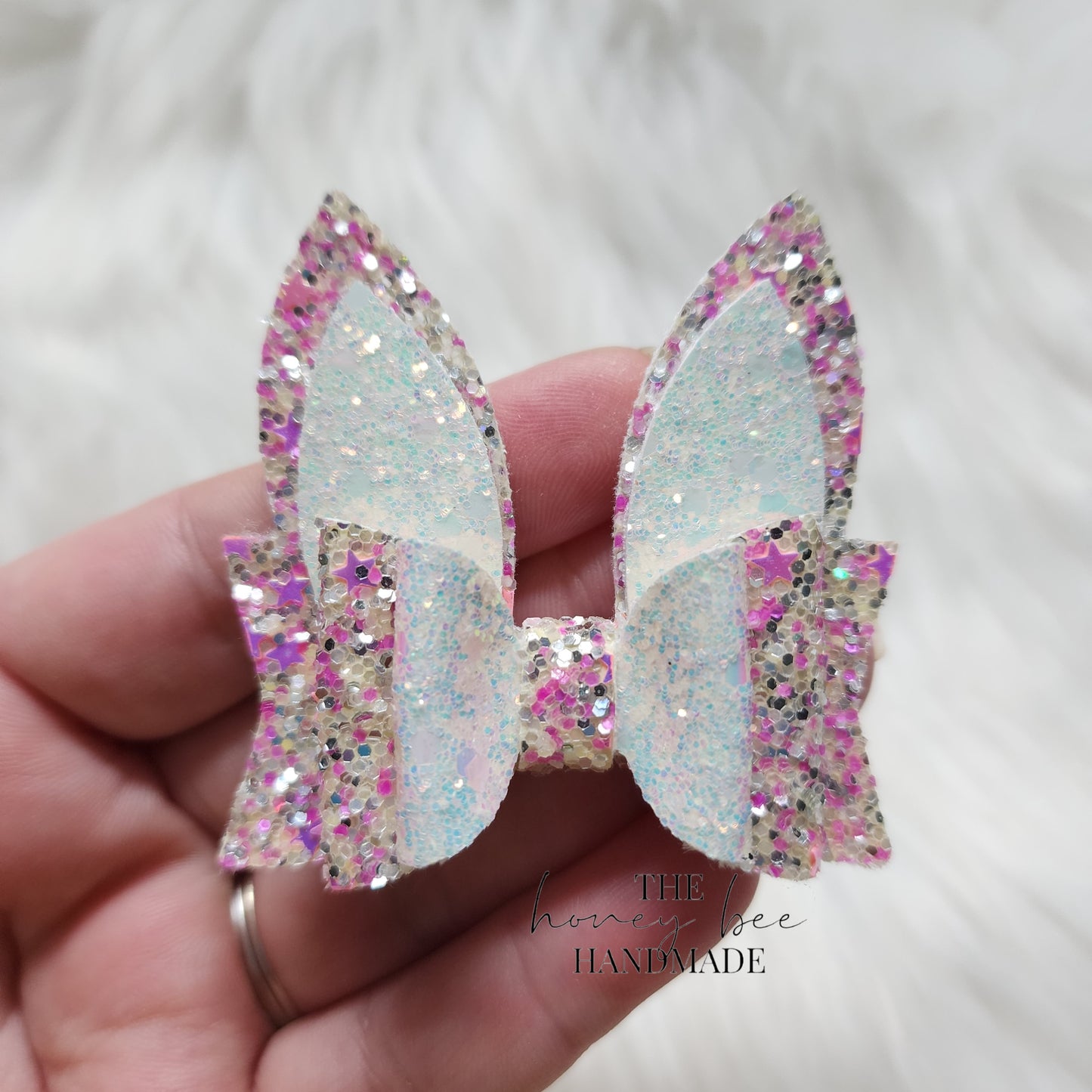 2.5in Pink and White Glitter Bunny Ears Piggy Set