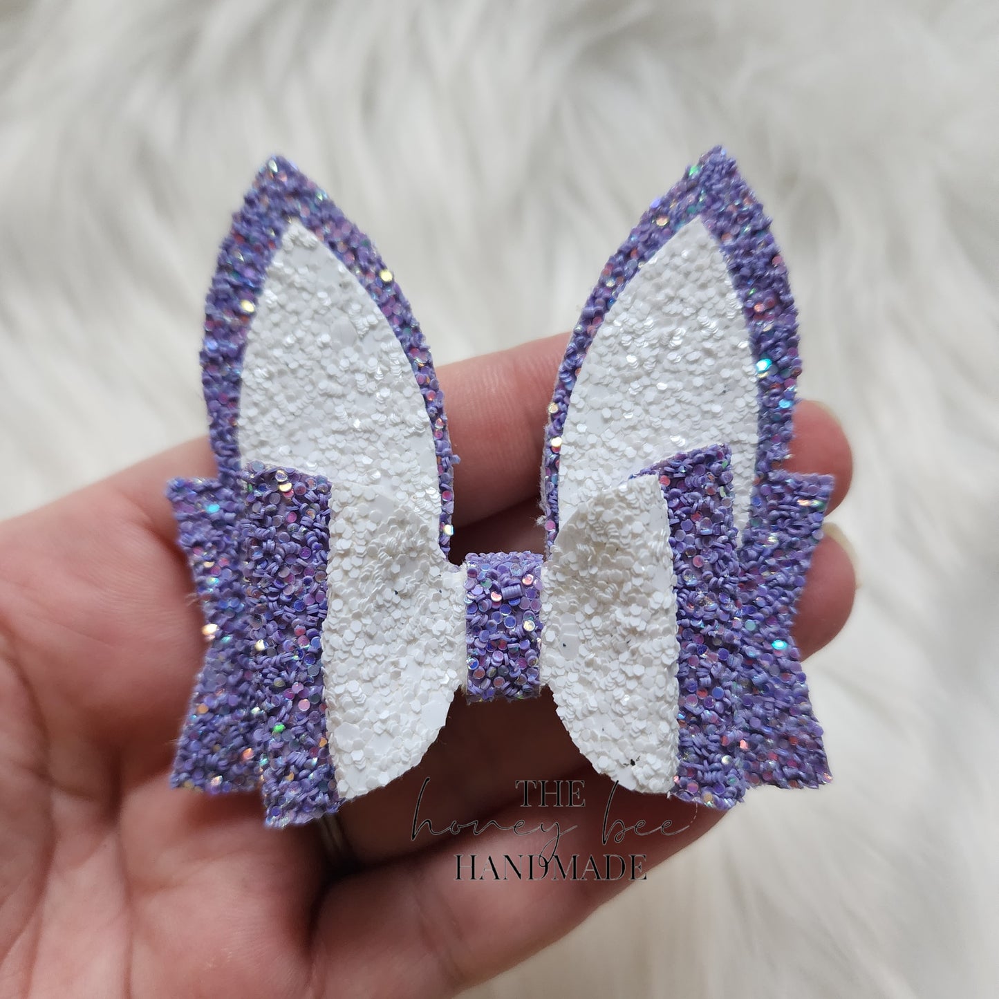 3in Purple and White Glitter Bunny Ears Hair Bow