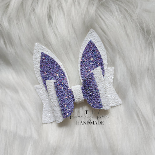 3in White and Purple Glitter Bunny Ears Hair Bow