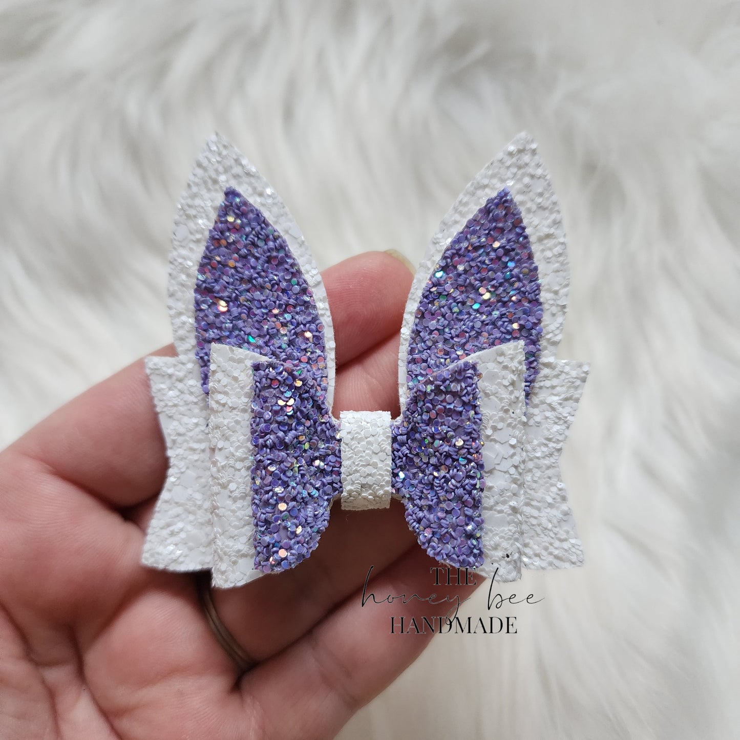 3in White and Purple Glitter Bunny Ears Hair Bow
