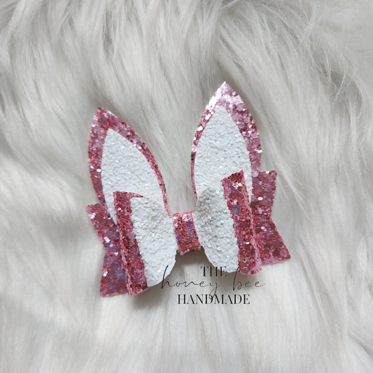 3in Pink and White Glitter Bunny Ears Hair Bow