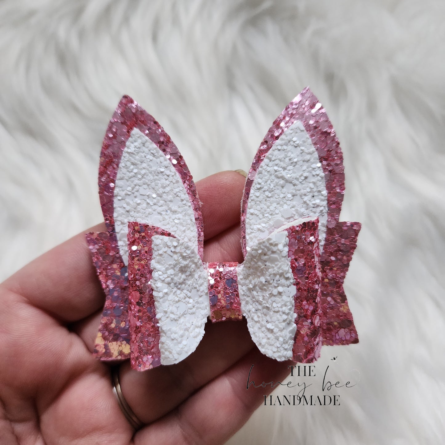 3in Pink and White Glitter Bunny Ears Hair Bow