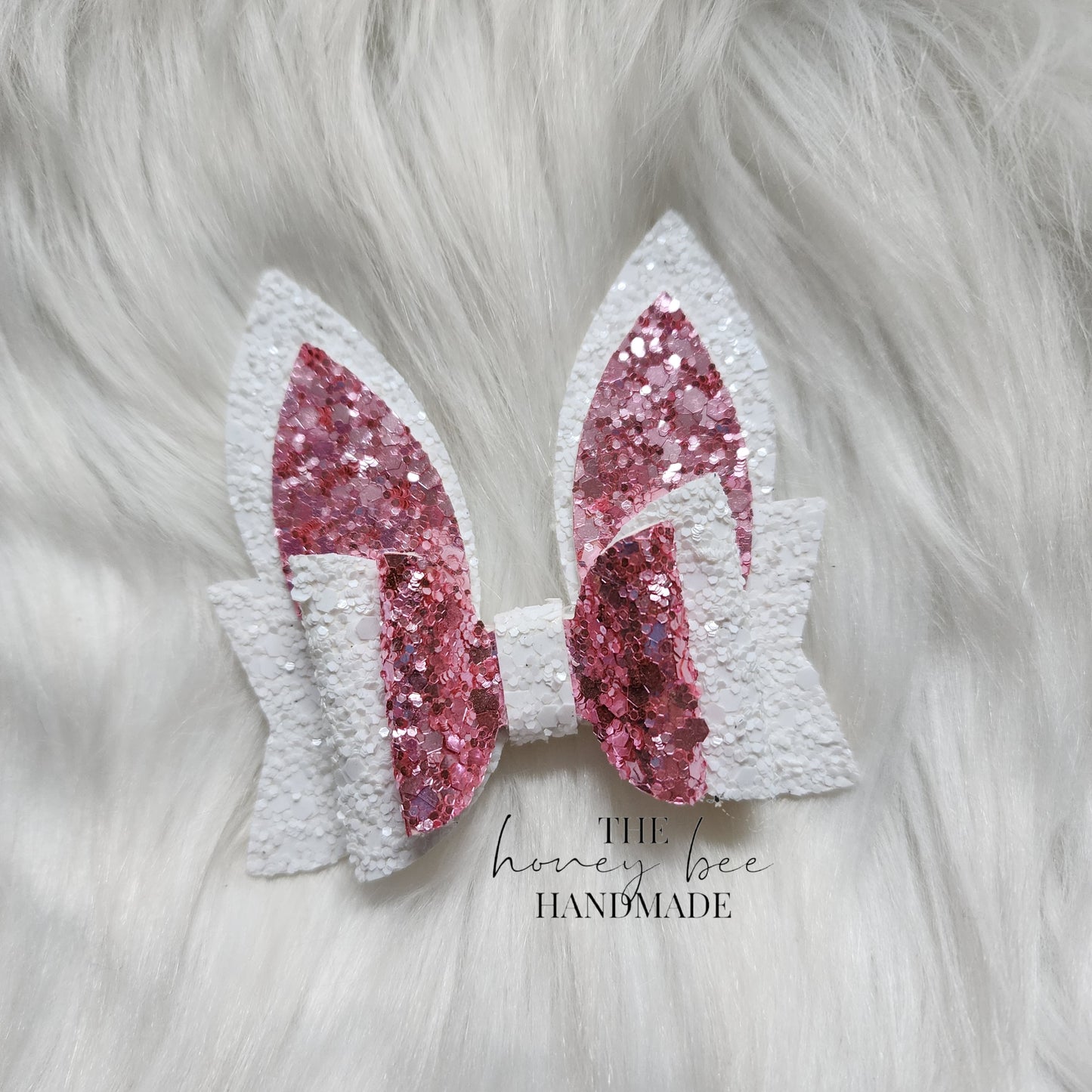 3in White and Pink Glitter Bunny Ears Hair Bow
