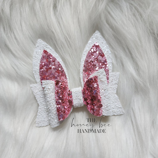 3in White and Pink Glitter Bunny Ears Hair Bow