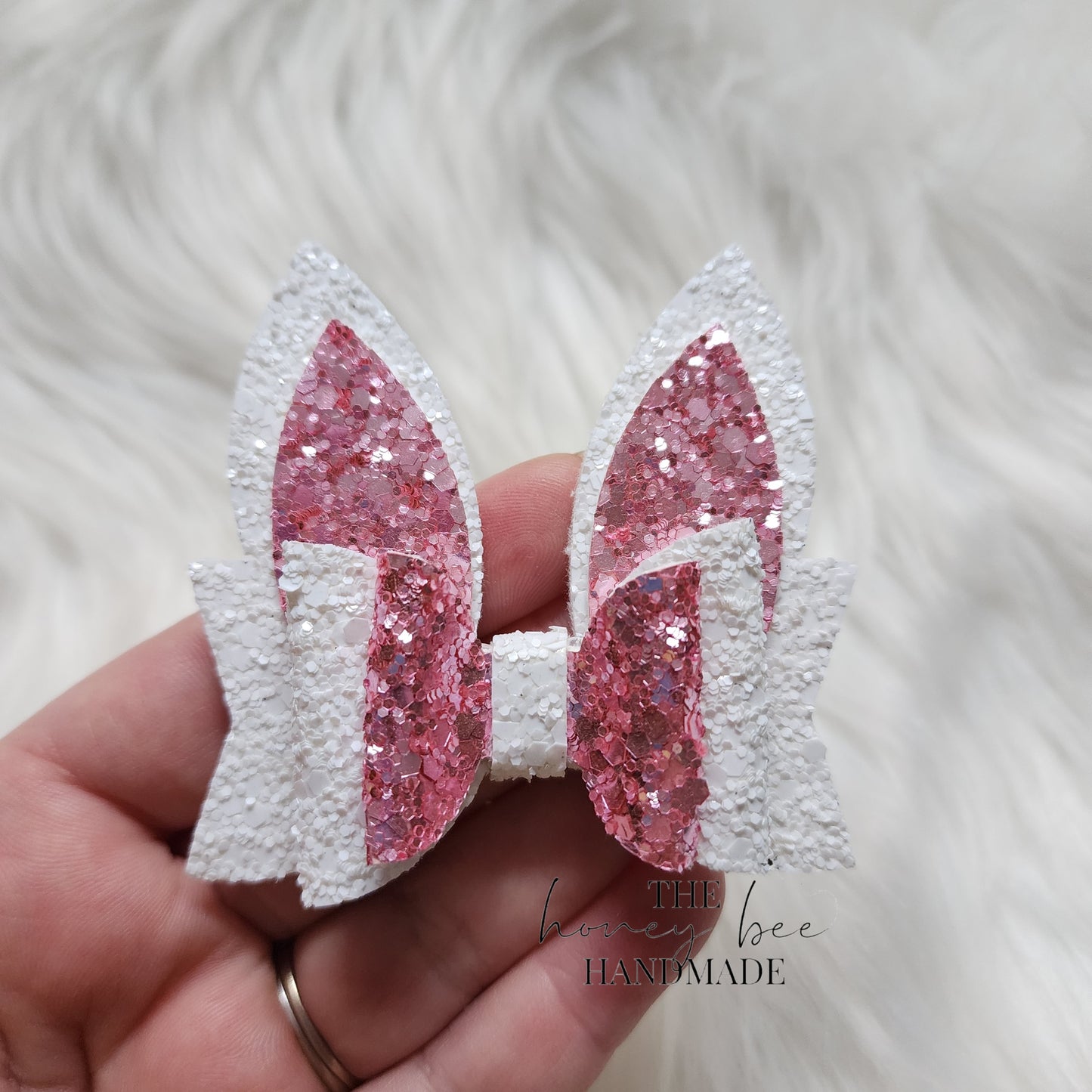 3in White and Pink Glitter Bunny Ears Hair Bow
