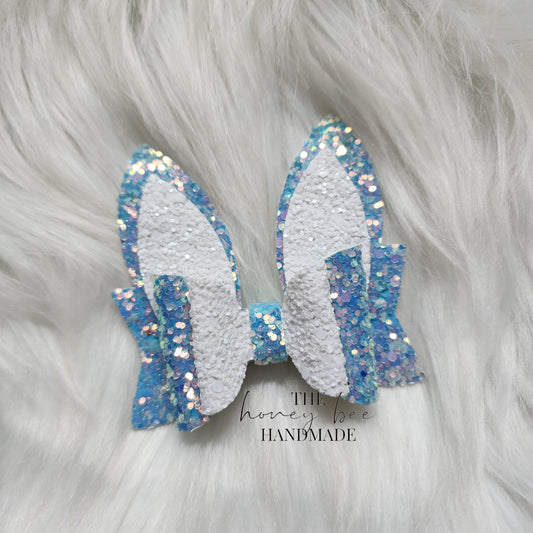 3in Blue and White Glitter Bunny Ears Hair Bow