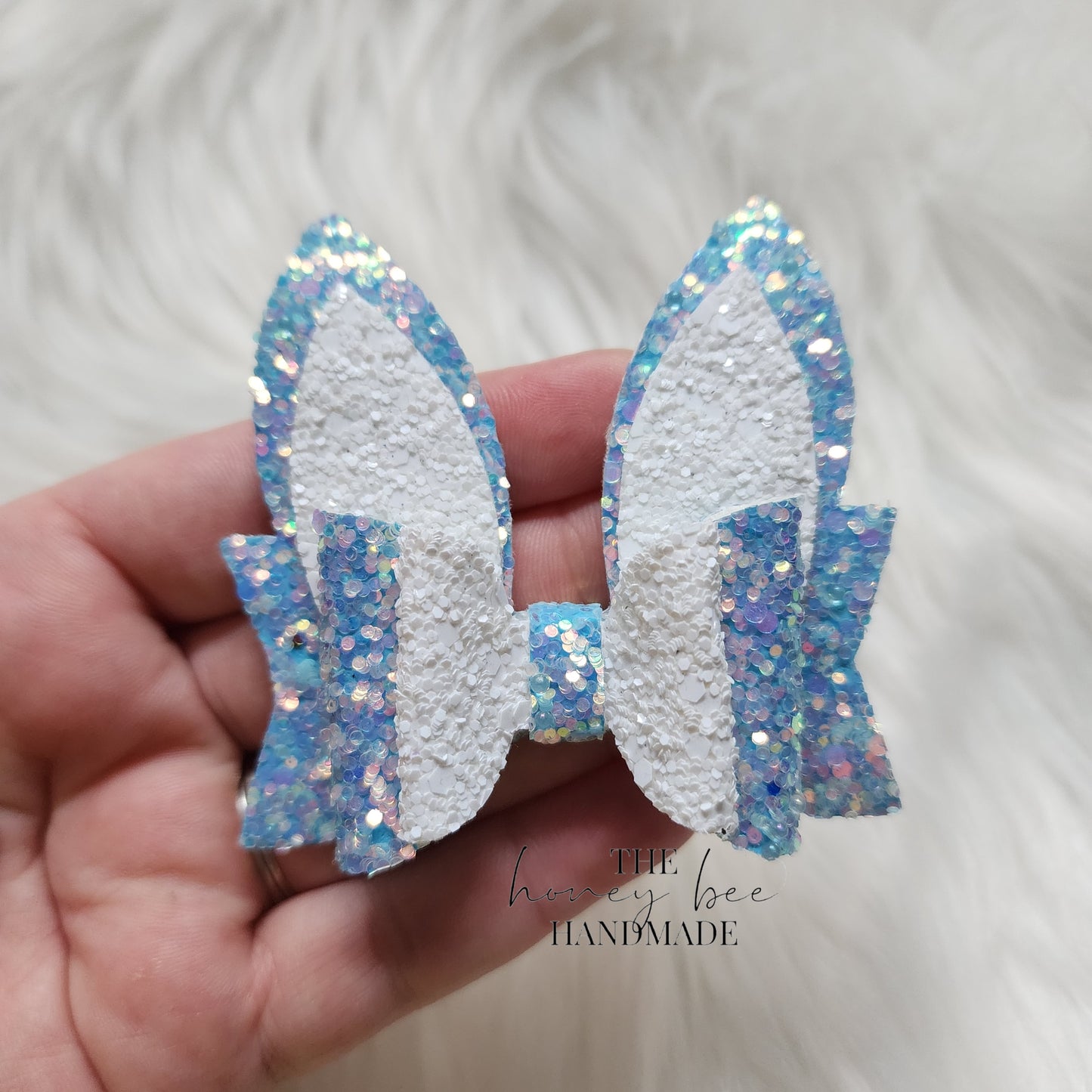 3in Blue and White Glitter Bunny Ears Hair Bow