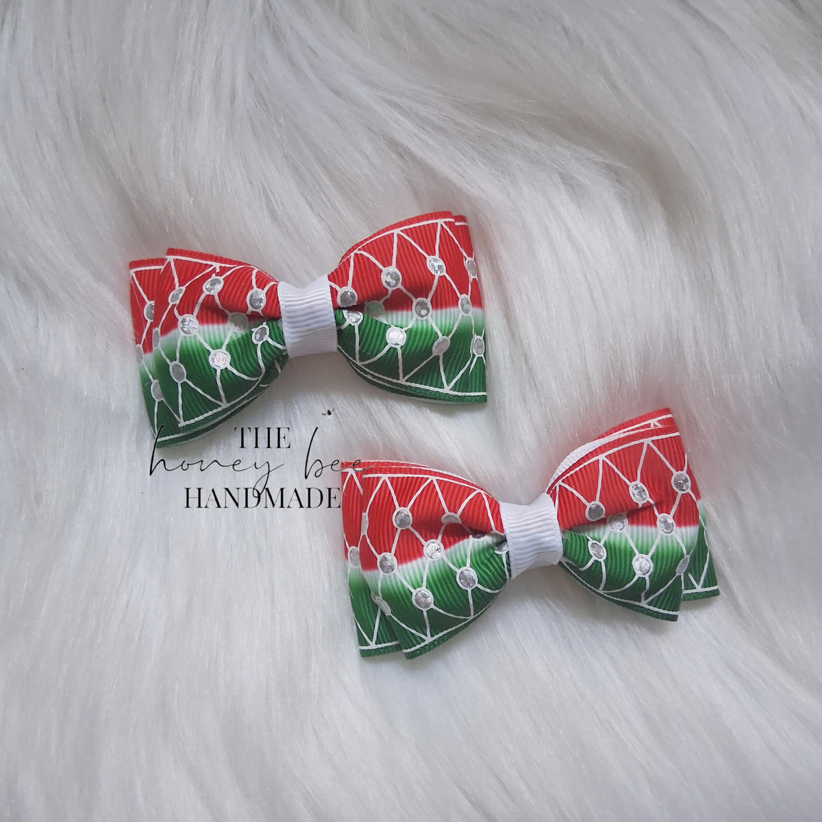 3 Inch Watermelon Rhinestone Print Double Tuxedo Pigtail Set