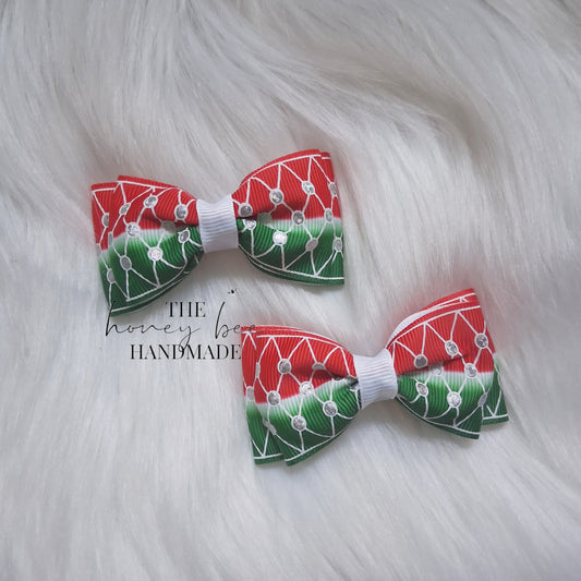3 Inch Watermelon Rhinestone Print Double Tuxedo Pigtail Set
