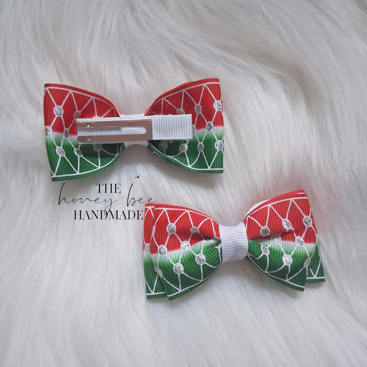 3 Inch Watermelon Rhinestone Print Double Tuxedo Pigtail Set