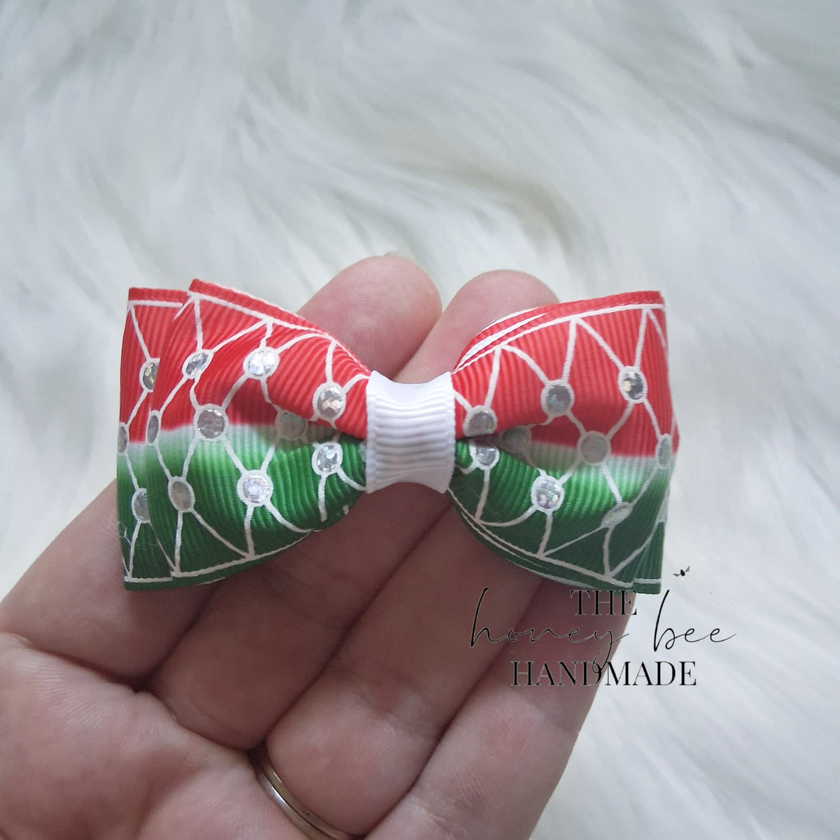 3 Inch Watermelon Rhinestone Print Double Tuxedo Pigtail Set