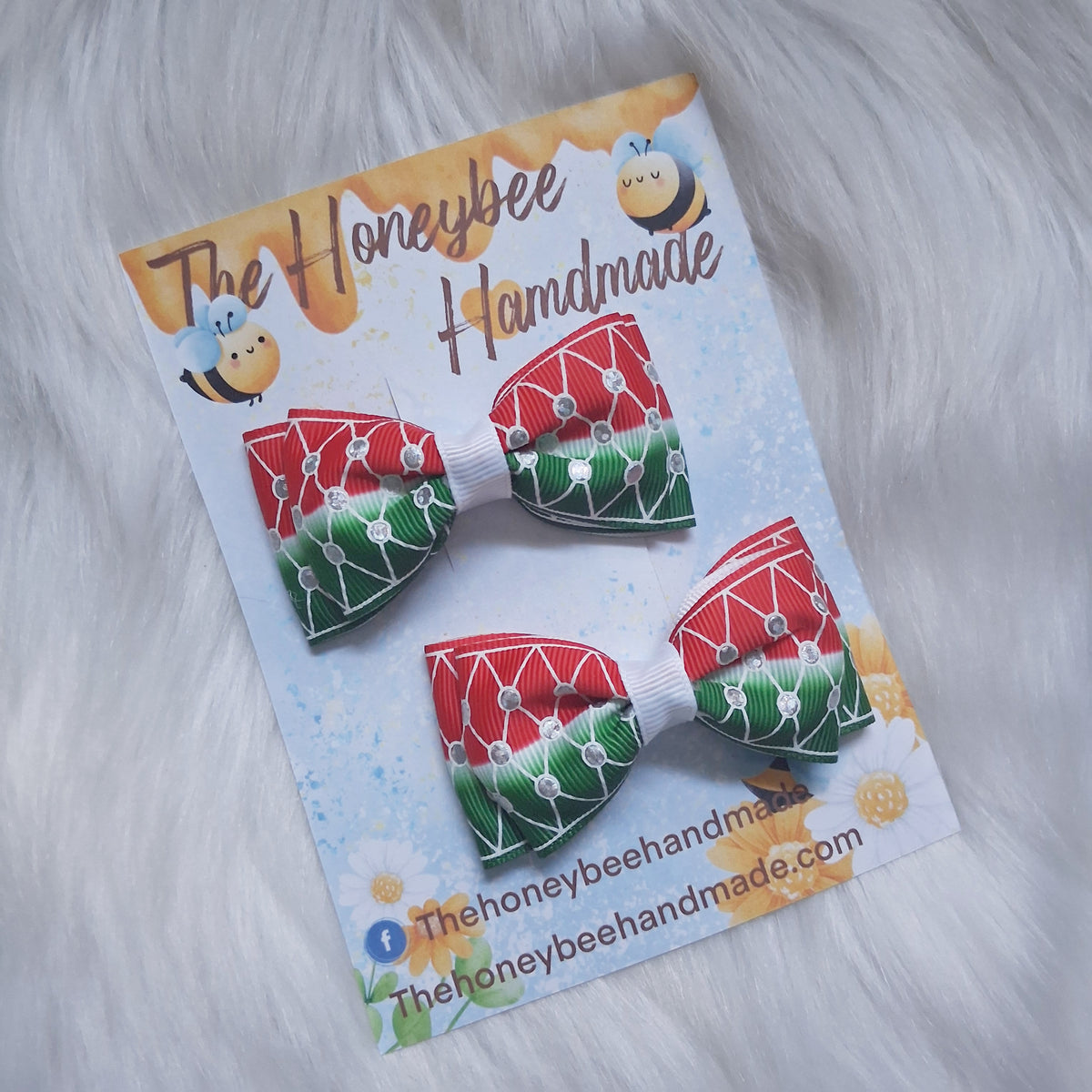3 Inch Watermelon Rhinestone Print Double Tuxedo Pigtail Set