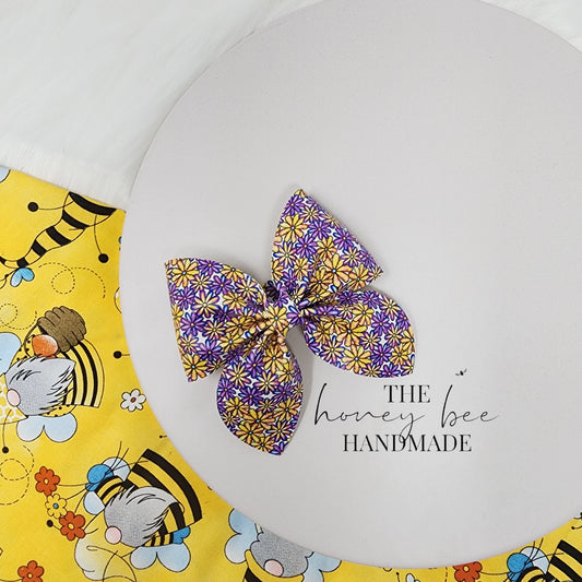 3in Purple and Yellow Floral Sailor Faux Leather Hair Bow